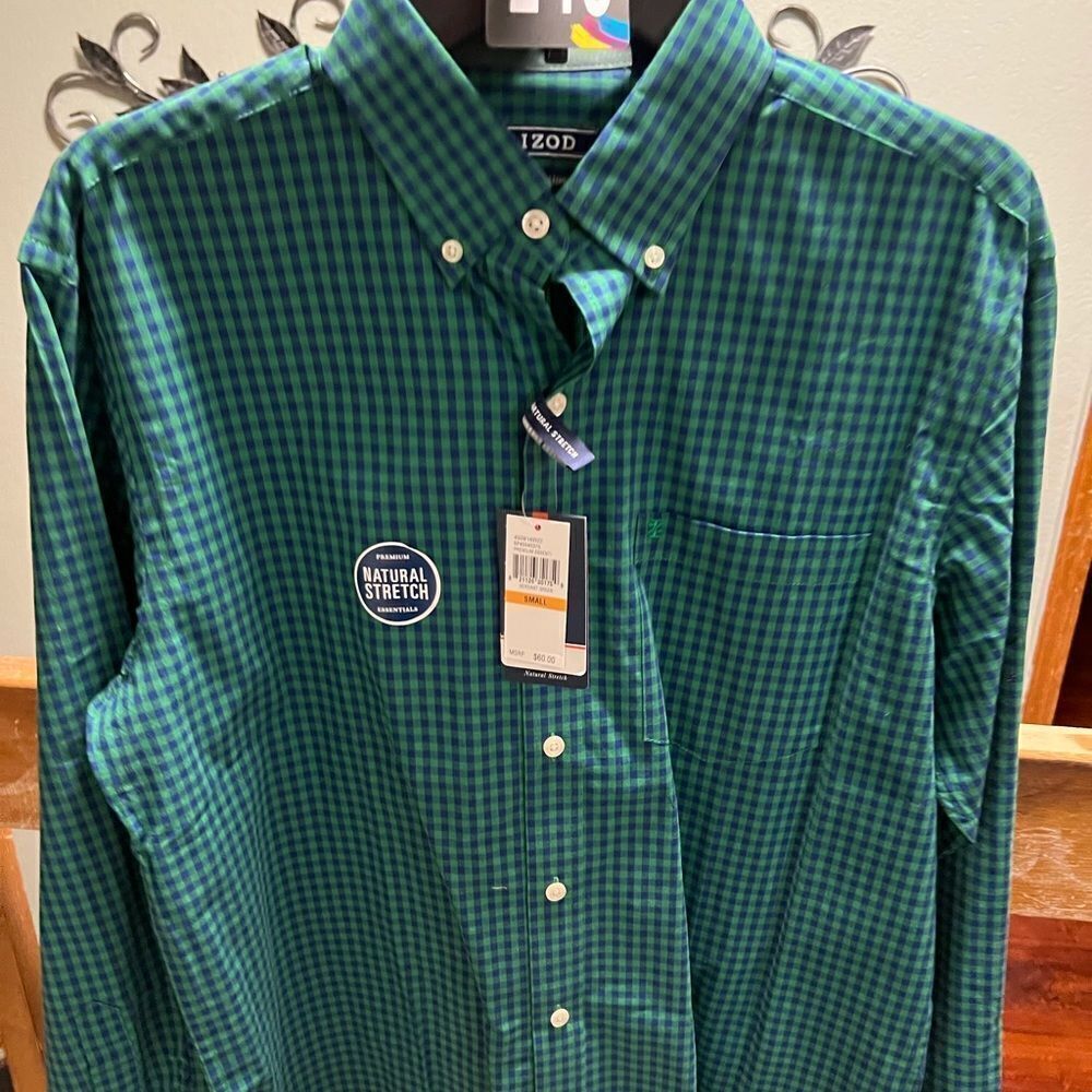 NWT IZOD Green & Blue Checkered Button-Up Shirt Small #243